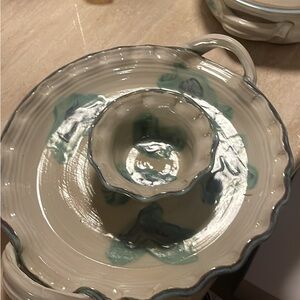 Elegant Ceramic Serving Platter with Handles, matching bowl, three piece set.